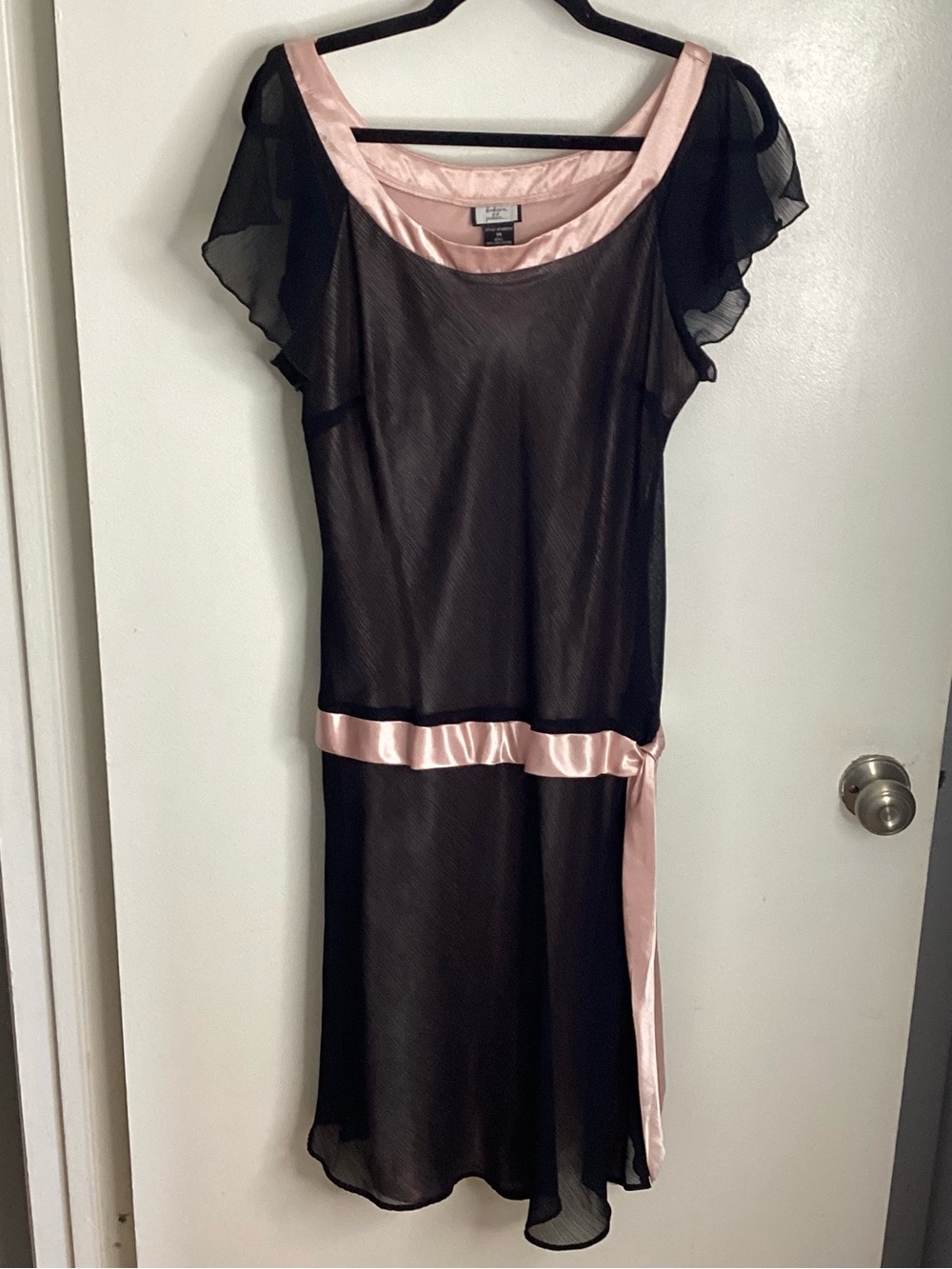 Vintage Black Sheer Chiffon Midi Dress with Pink Satin Accents 14